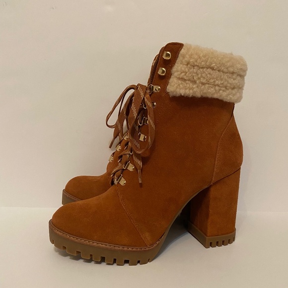 Gianni Bini Sight See Suede Shearling Lug Sole Hiker Platform Booties - Picture 4 of 10